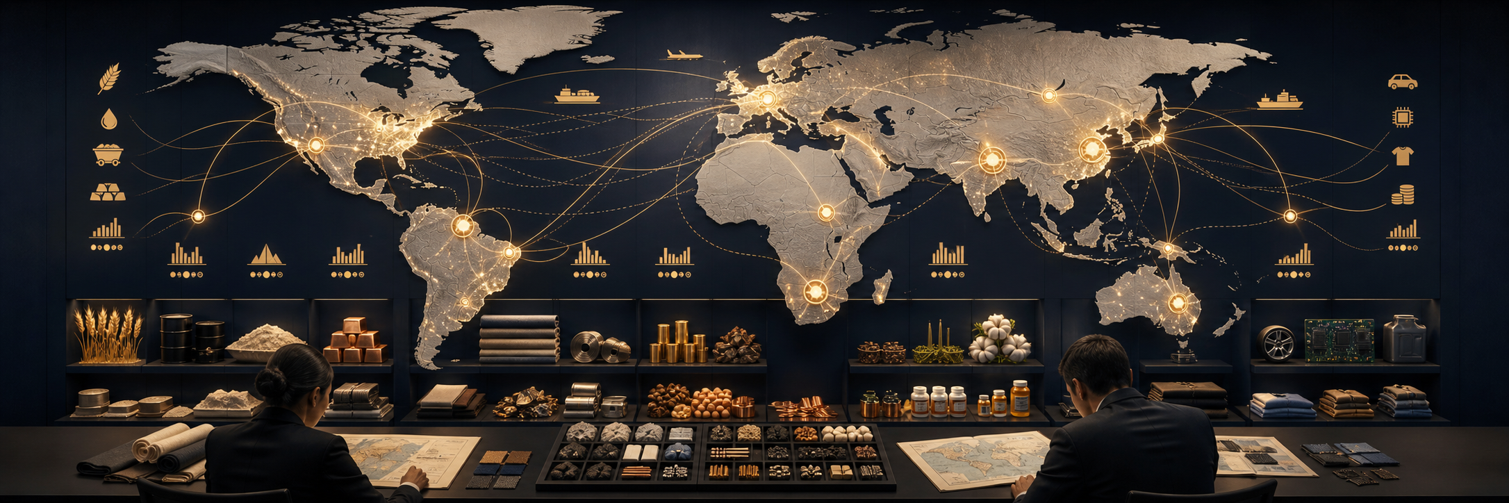 世界地图上的区域节点、商品类别与物流流向