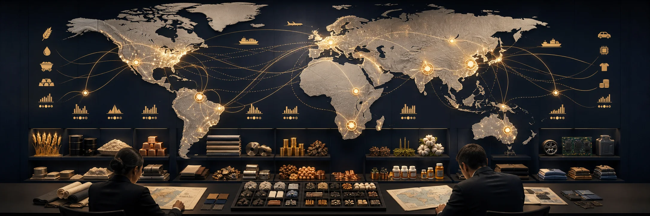 世界地图上的区域节点、商品类别与物流流向