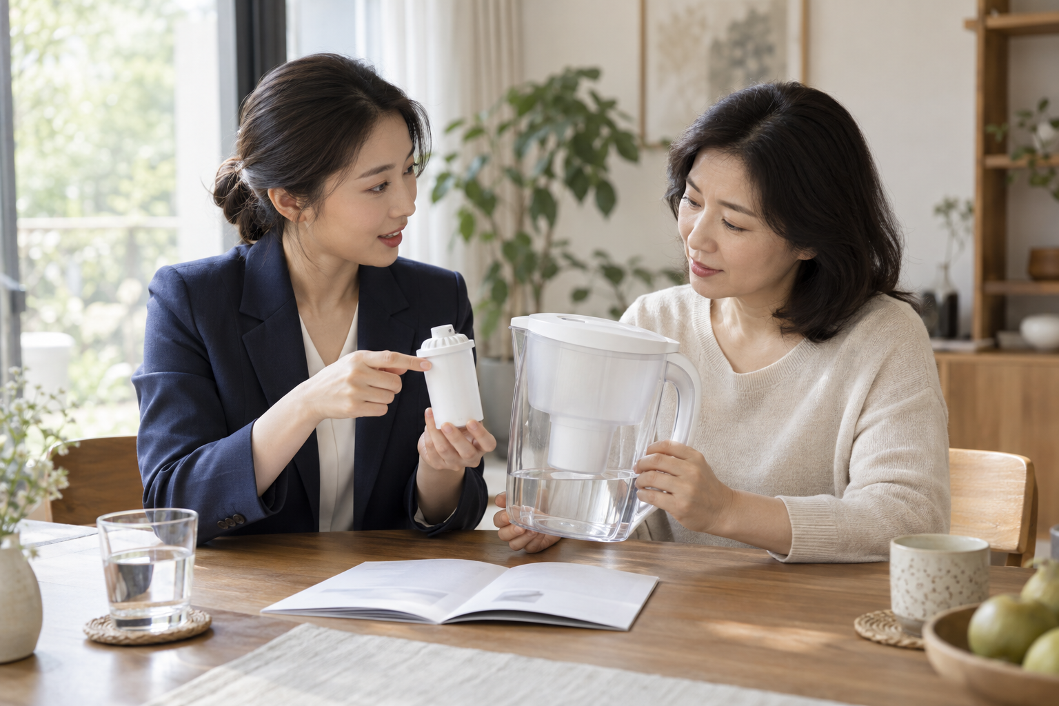 产品顾问向顾客演示家用净水壶与滤芯