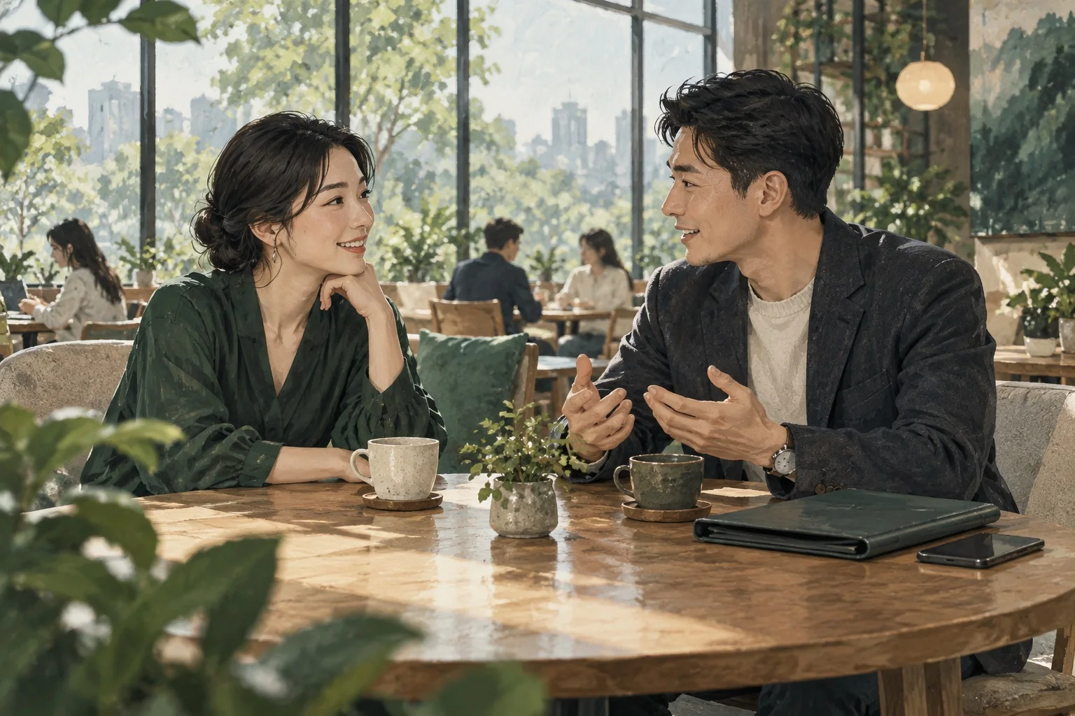 两位朋友在咖啡馆自然交流,资料暂时放在一旁