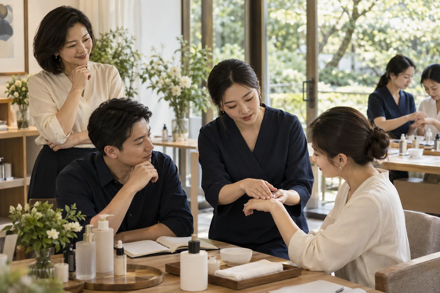 已经掌握方法的伙伴向新人示范产品，资深导师观察带教过程